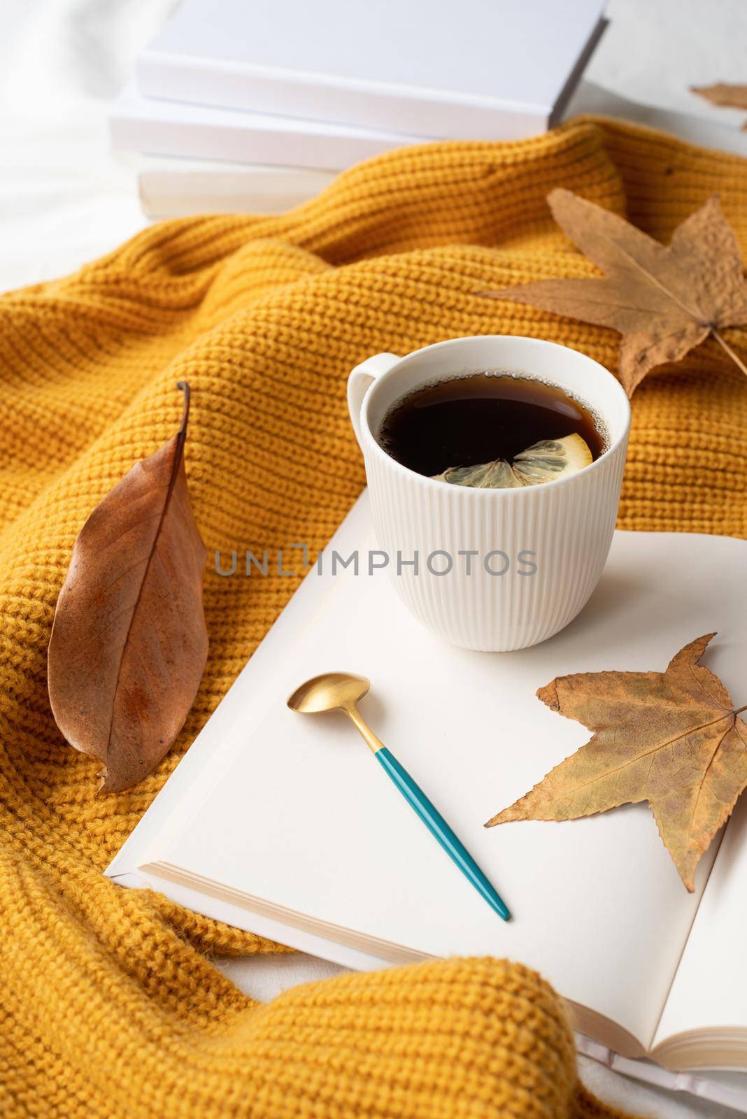 cozy composition of warm sweater, white book , cup of hot tea and autumn leaves