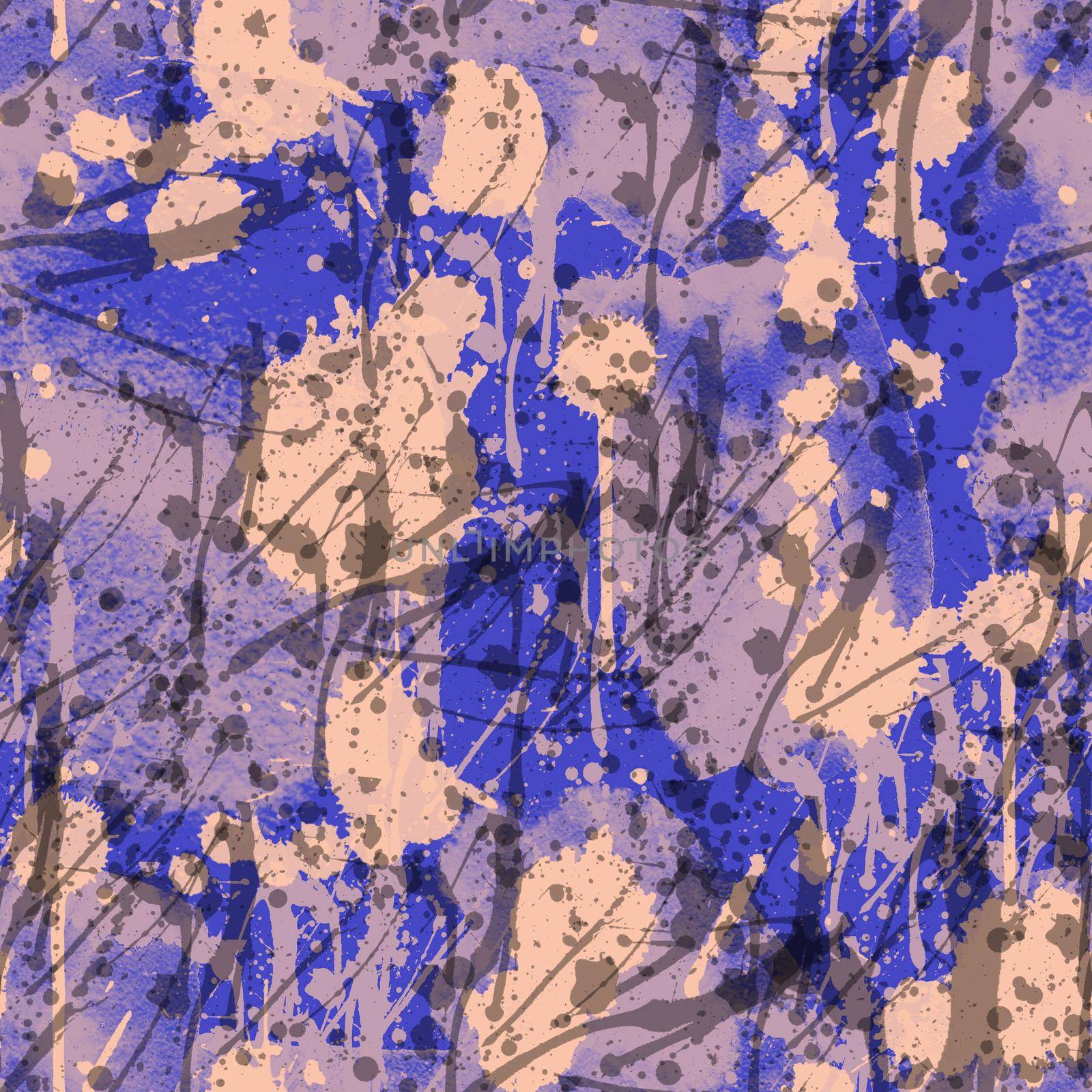 A seamless pattern with monochrome paint splatters on a violet and beige background. by fireFLYart