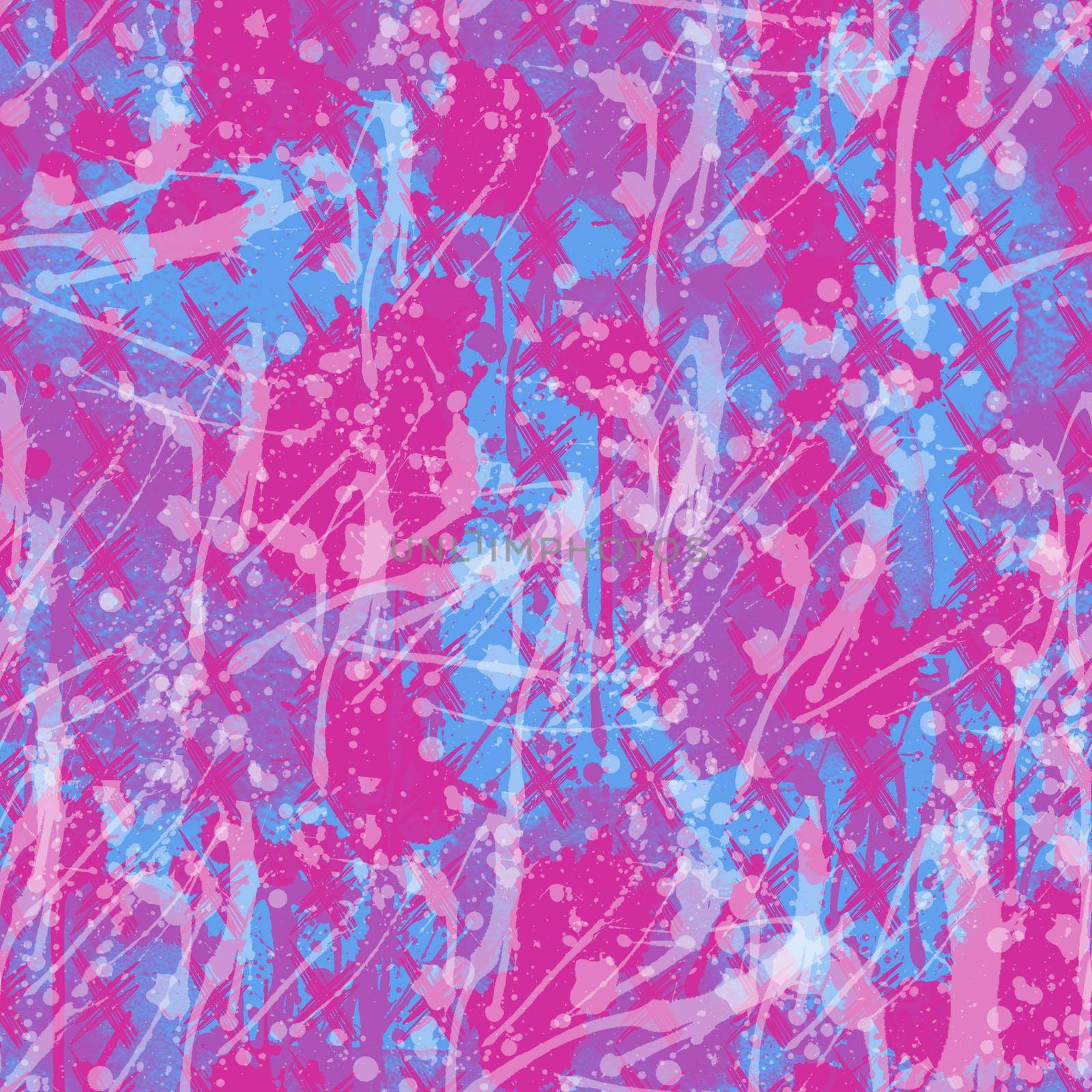 A seamless pattern with monochrome paint splatters on a violet and pink background. by fireFLYart