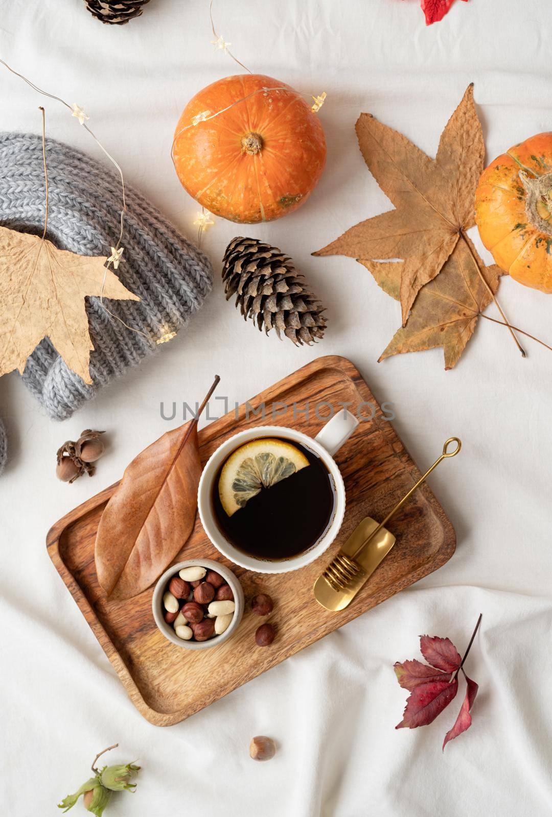 Cozy autumn composition, sweater weather. Hot tea with lemon and nuts on wooden tray surrounded with autumn leaves and sweaters, flat lay by Desperada