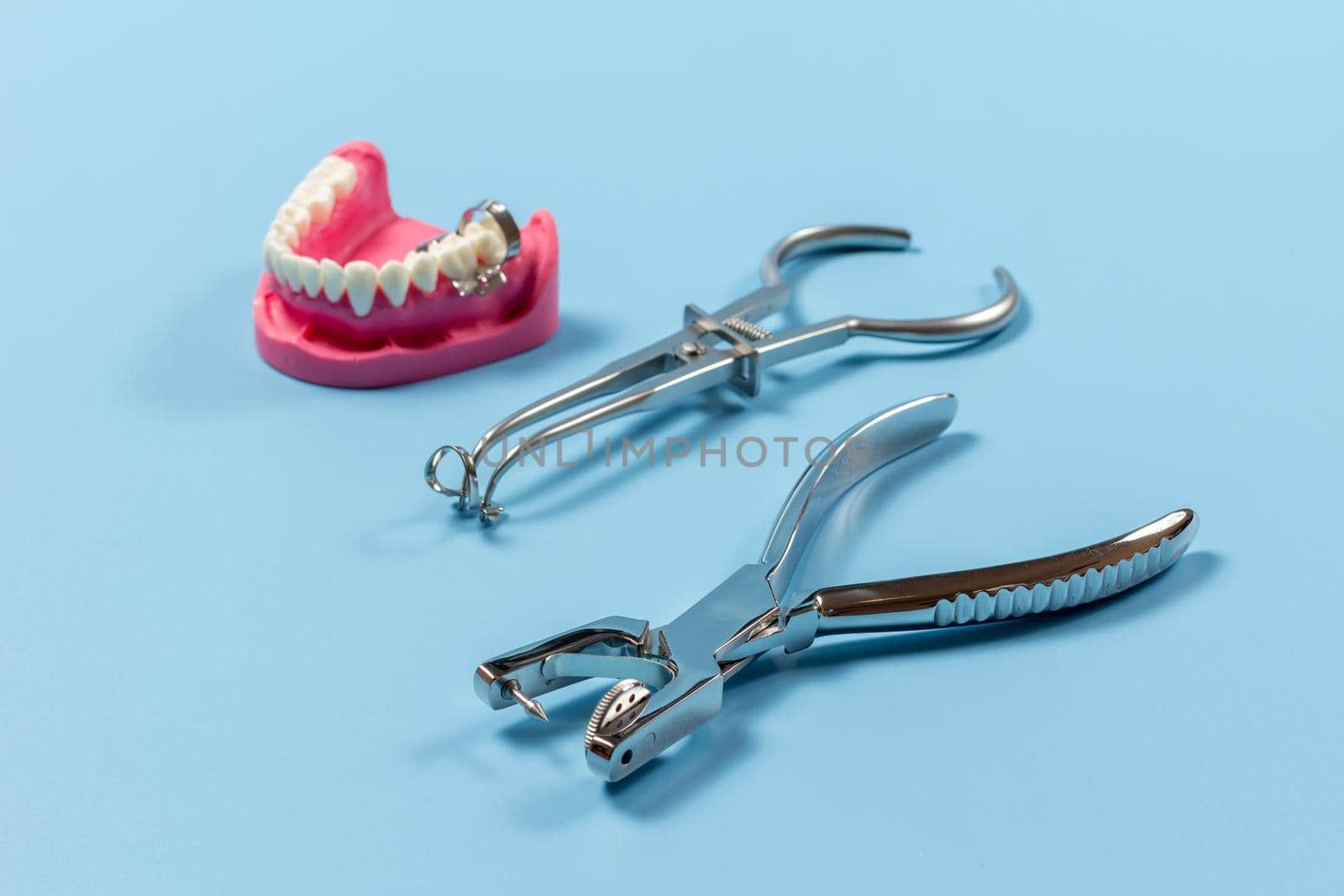 Layout of a human jaw with the clamp, the rubber dam forcep and the dental hole punch on the blue background. Medical tools concept.
