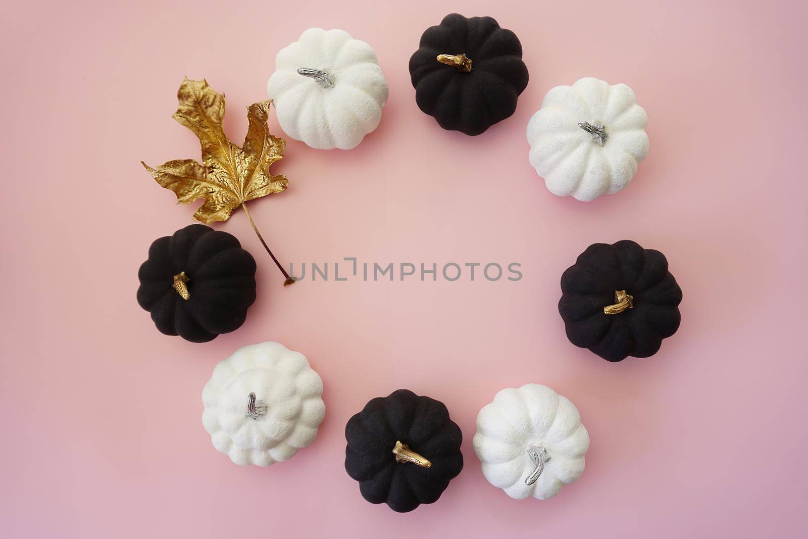 Decorative pumpkins and a golden maple leaf are laid out in a circle