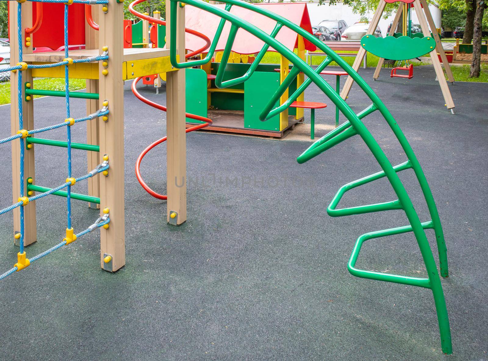 Modern Children's Outdoor Sports Play Complex with Slide, Rope Wall.