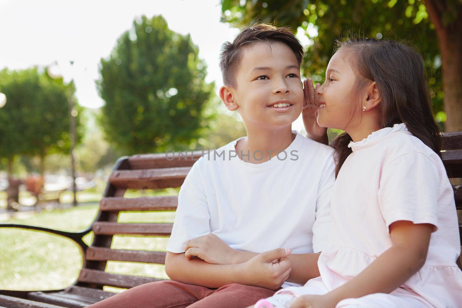 Charming Asian young boy smiling while his little sister whispering secrets to his ear. Cute little kids sharing secrets, gossiping in the park, copy space