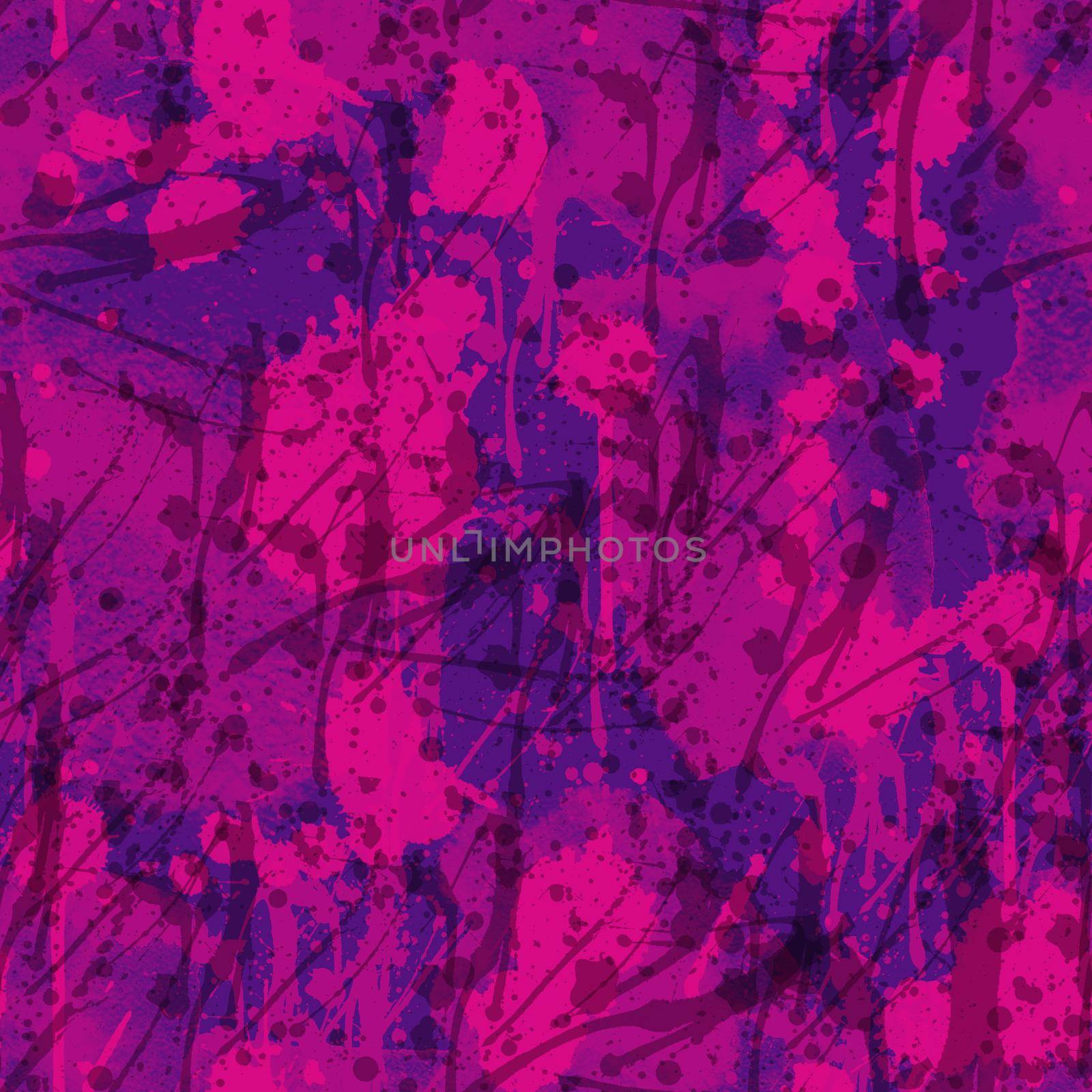 A seamless pattern with monochrome paint splatters on a violet and pink background. by fireFLYart