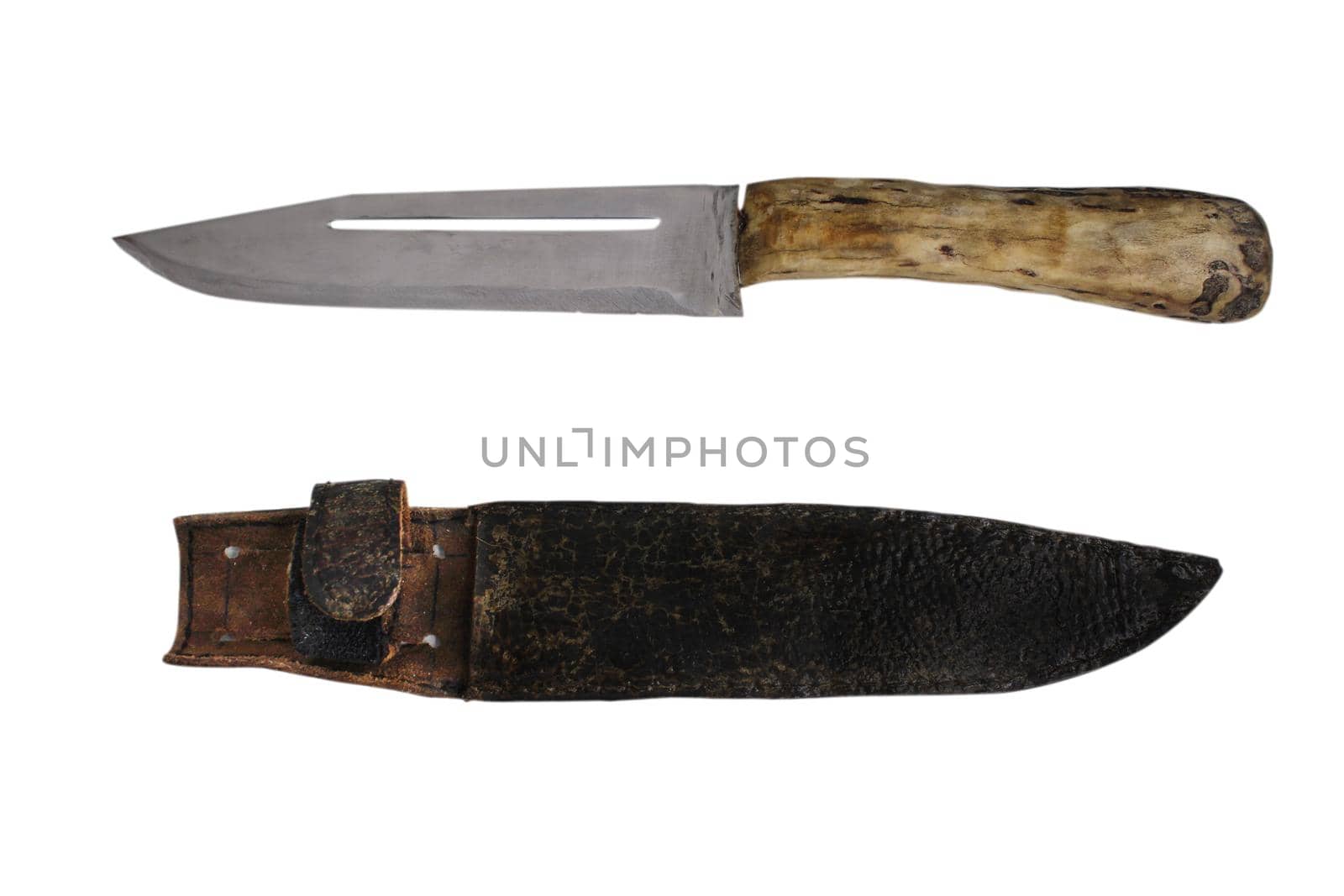 Handmade hunting knife with sheath. Isolated objects on a white background.