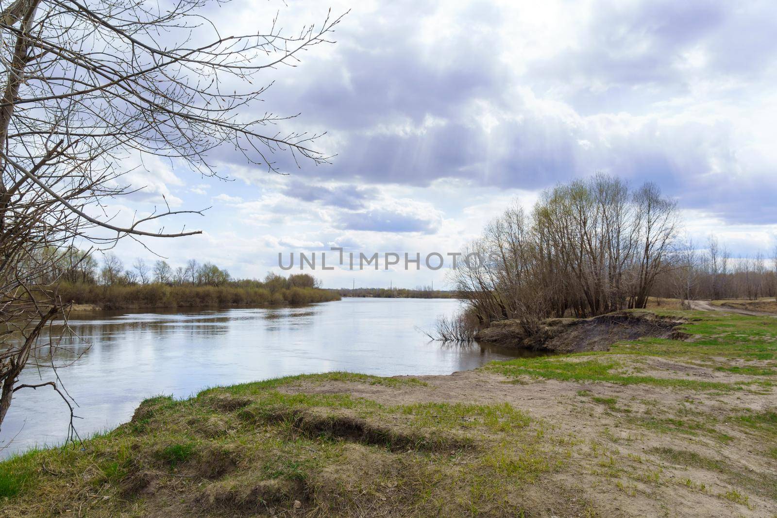 River in early spring, when the leaves of the trees have not yet bloomed. Suburban landscape on a sunny day at the riverbank.