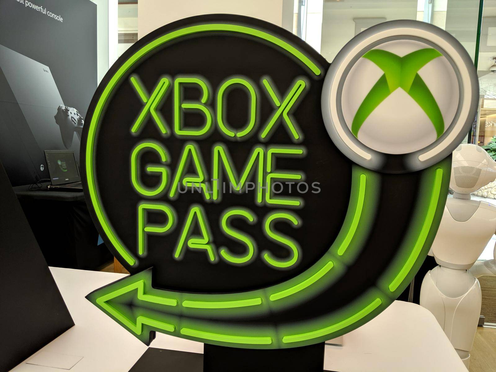 Honolulu - August 30, 2019: Xbox Game Pass Sign inside Microsoft store in Ala Moana Mall.