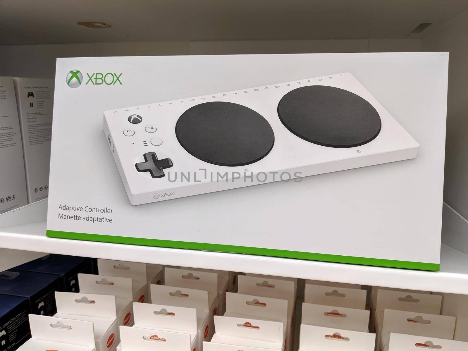 Honolulu - August 30, 2019: Xbox Adaptive Controller for sale inside Microsoft store in Ala Moana Mall.  The controller was designed for people with disabilities to help make user input for video games more accessible.