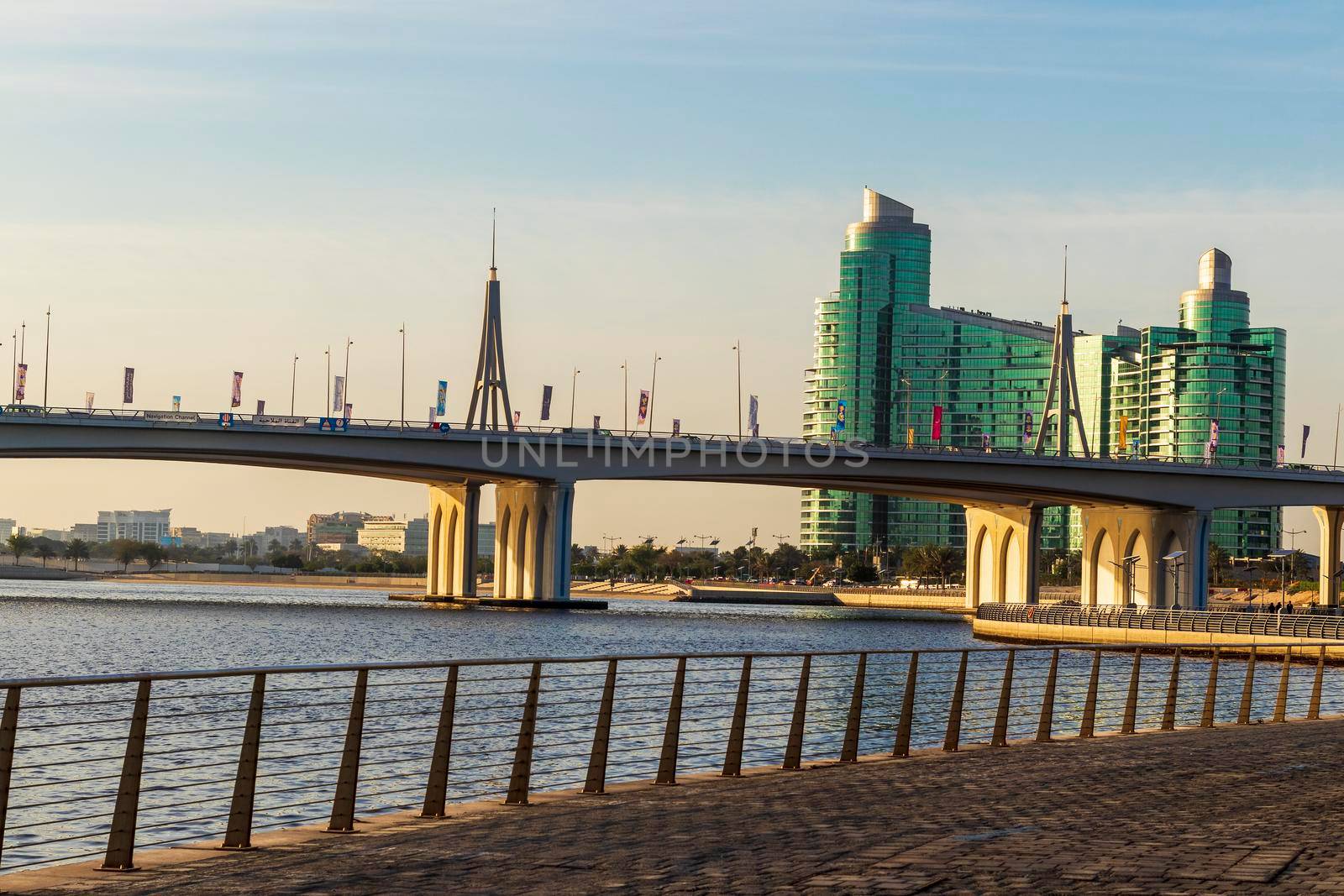 Dubai, UAE - 04.17.2021 Business bay crossing bridge and Al Futtaim company head quarters