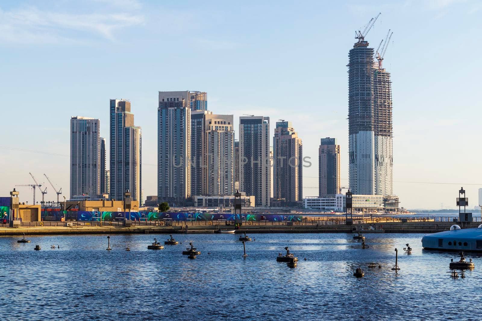 Dubai, UAE - 04.17.2021 Dubai creek harbour development by EMAAR. UAE. Shot made from Dubai Festival city side.