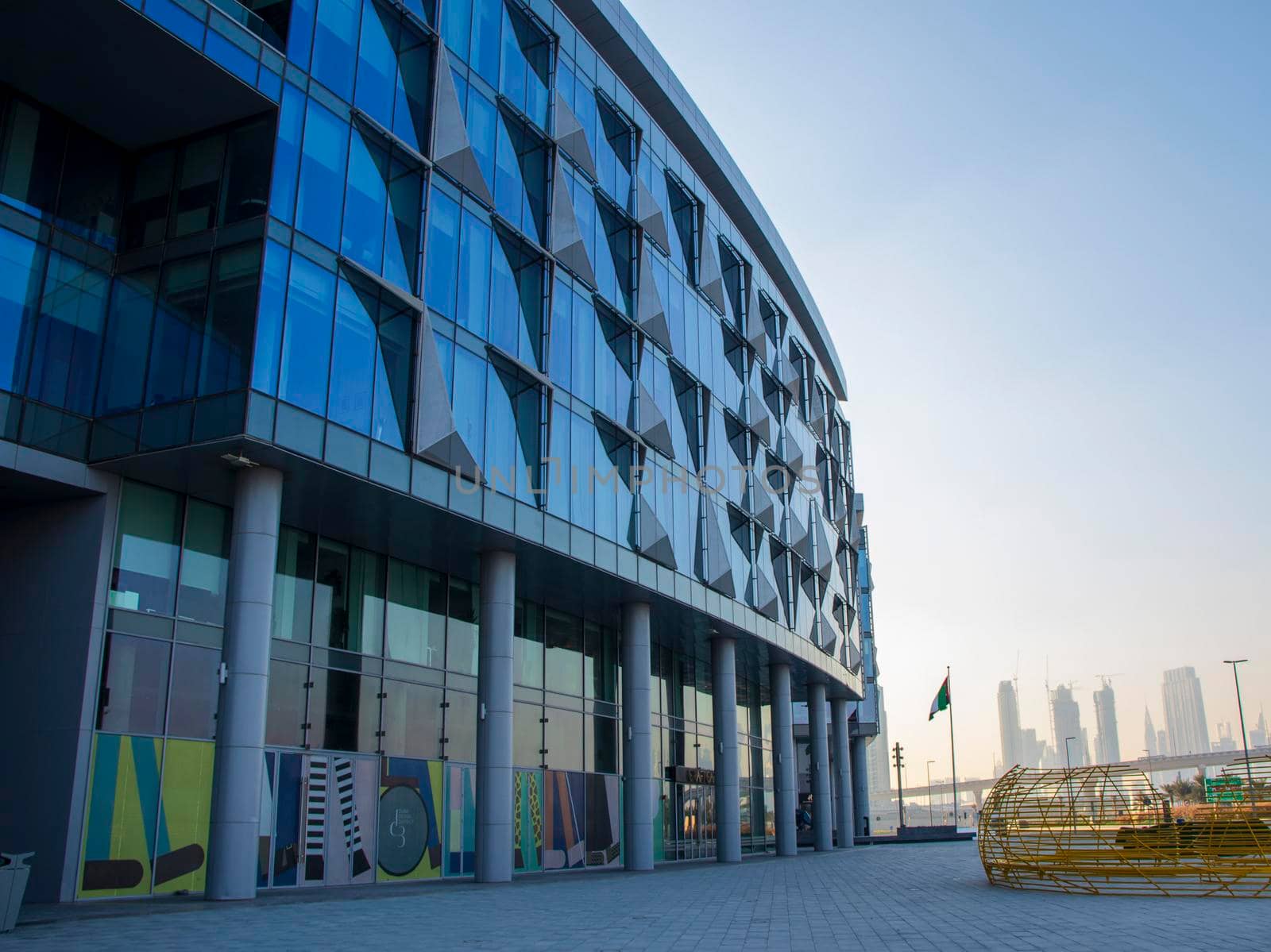 View of one of the buildings in Dubai Design District area. UAE. Outdoors.