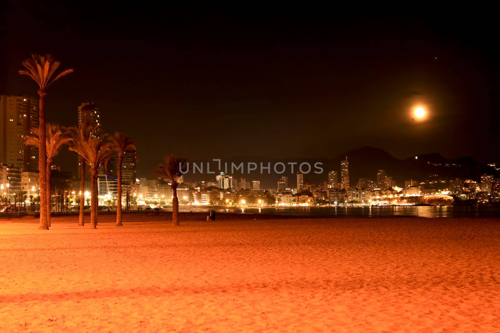 Panoramic view of Benidorm on a full moon night by soniabonet