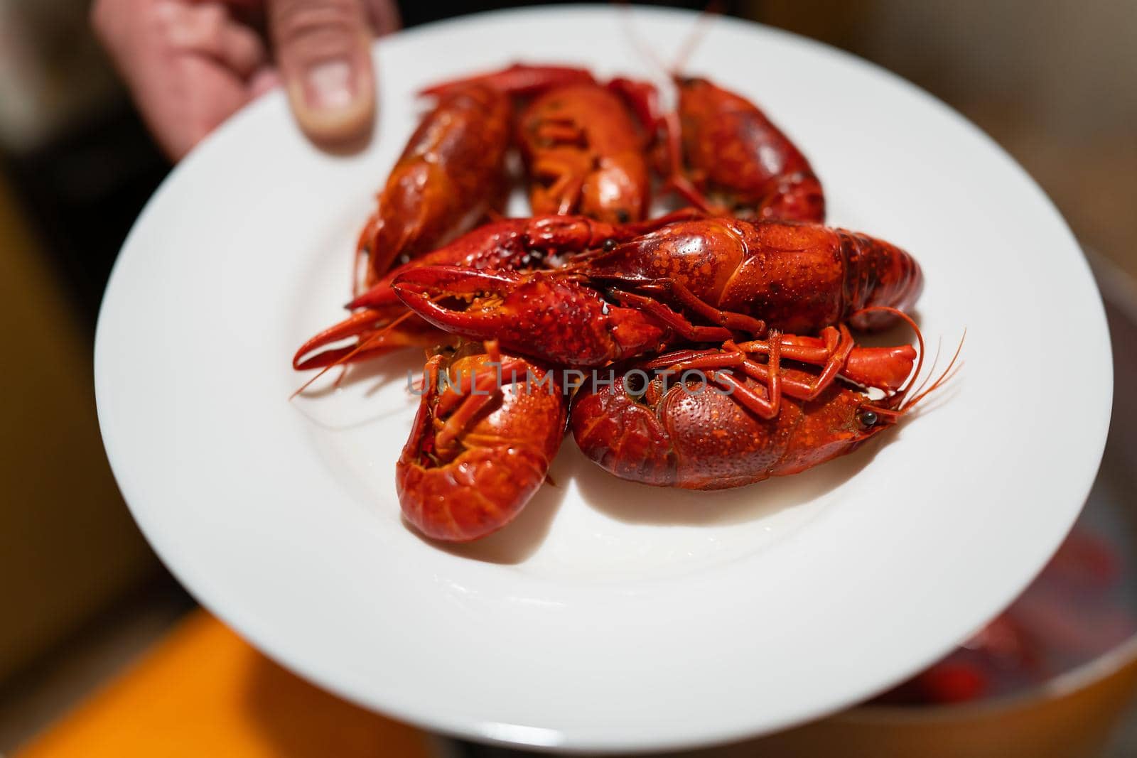 Red fresh appetizing crayfish on a white plate. Delicious food for beer