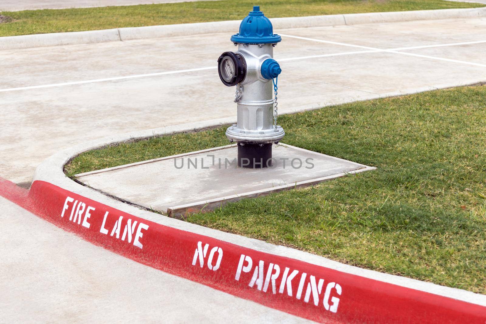 Grey and blue fire hydrant on sidewalk, red fire lane no parking marking on the pavement of the street