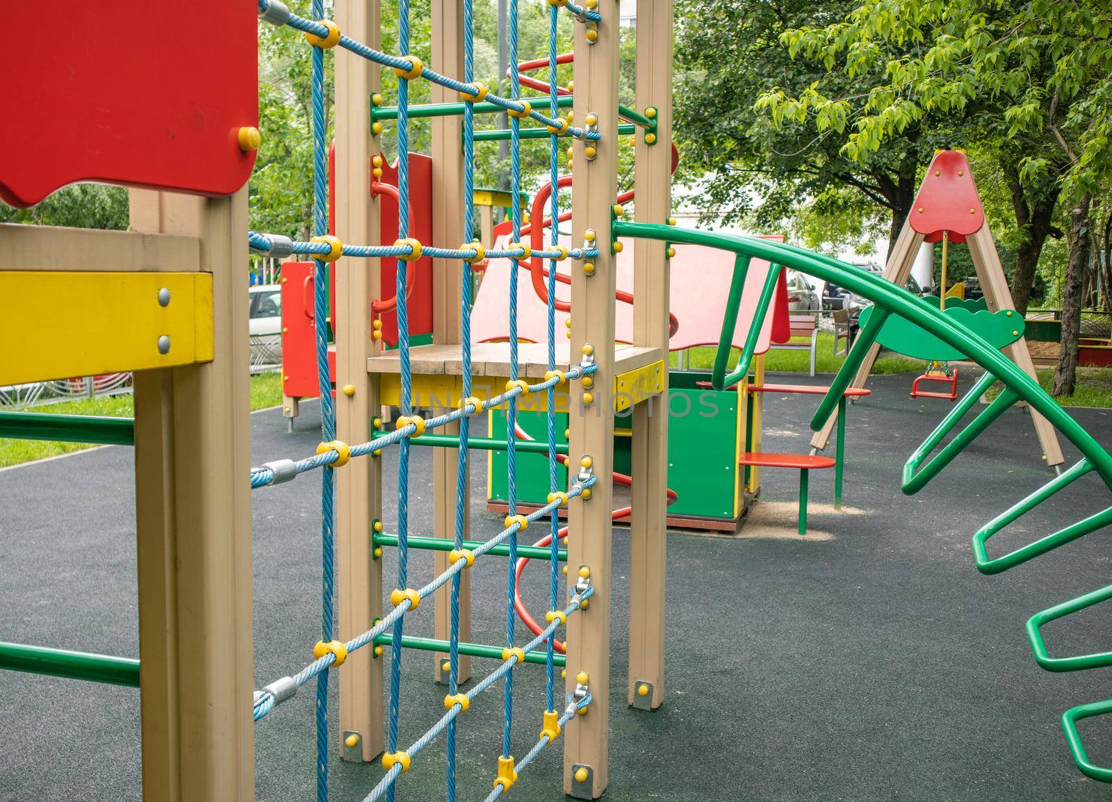 Modern Children's Outdoor Sports Play Complex with Slide, Rope Wall.