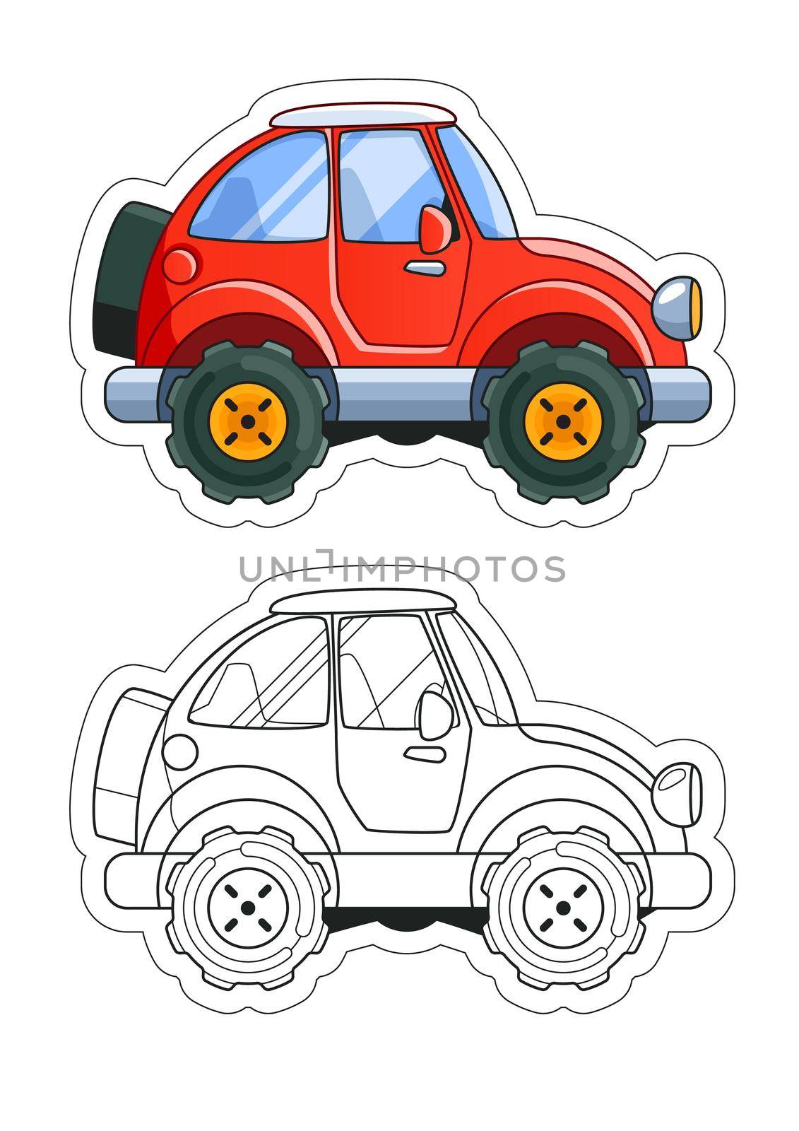 Red Cartoon Car Side View Coloring Book. Colored Version and Line Art.