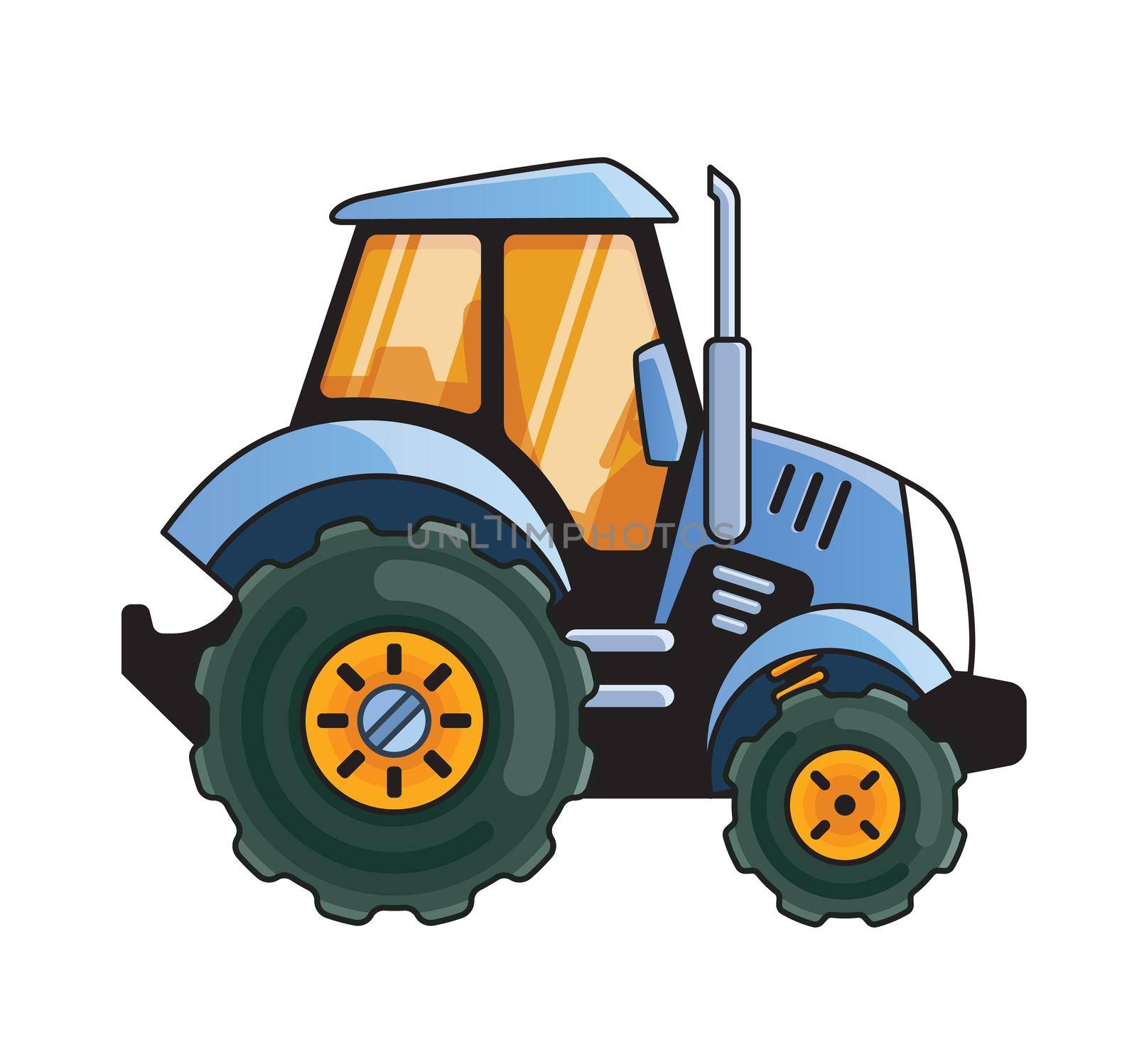 Blue Tractor Side View Coloring Book. Colored illustration isolated on a white background.