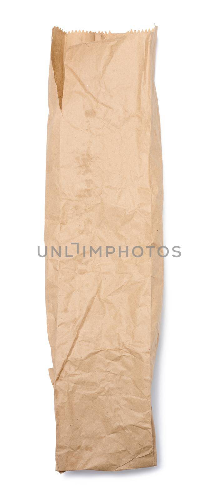 Empty oblong paper bag for a baguette on a white isolated background, top view