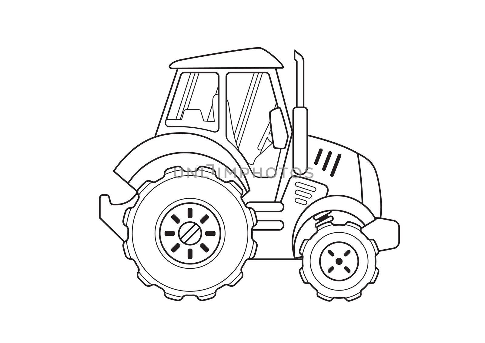 Blue Tractor Side View Coloring Book. Line Art isolated on a white background.