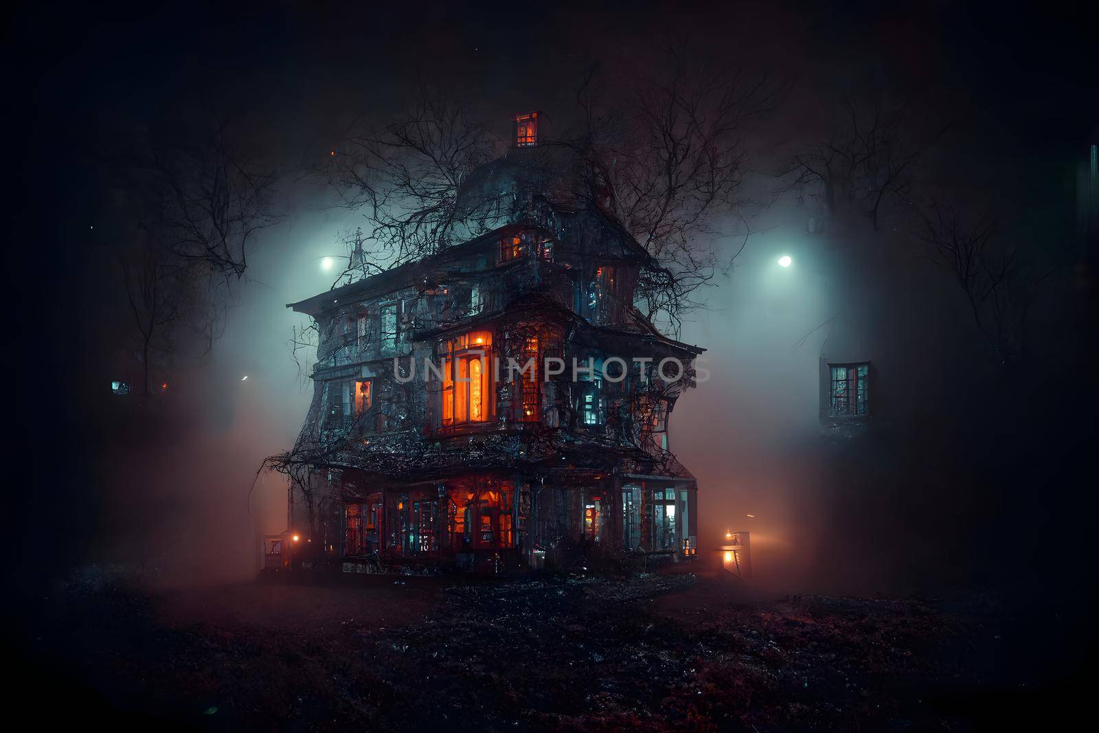 dark haunted house with illuminated windows at spooky misty dark halloween night, neural network generated art. Digitally generated image. Not based on any actual scene or pattern.