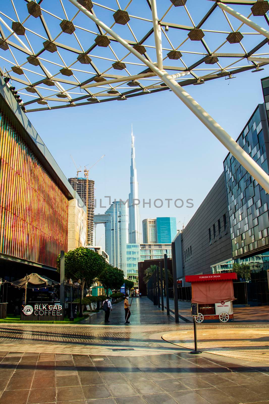 City Walk, Dubai. Address Sky view hotel and Burj Khalifa tallest building in the world can be seen on the scene. Outdoors