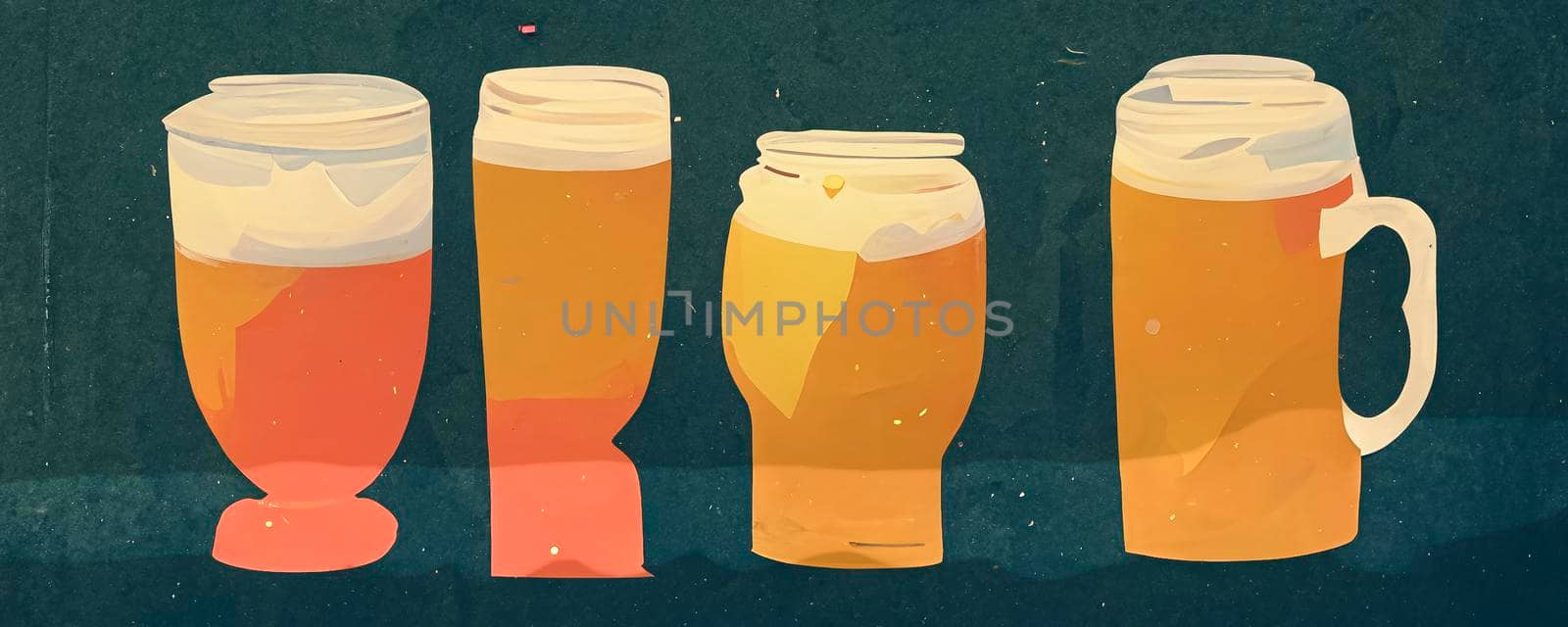 Set of glasses with beer in cartoon style. Illustration of drink