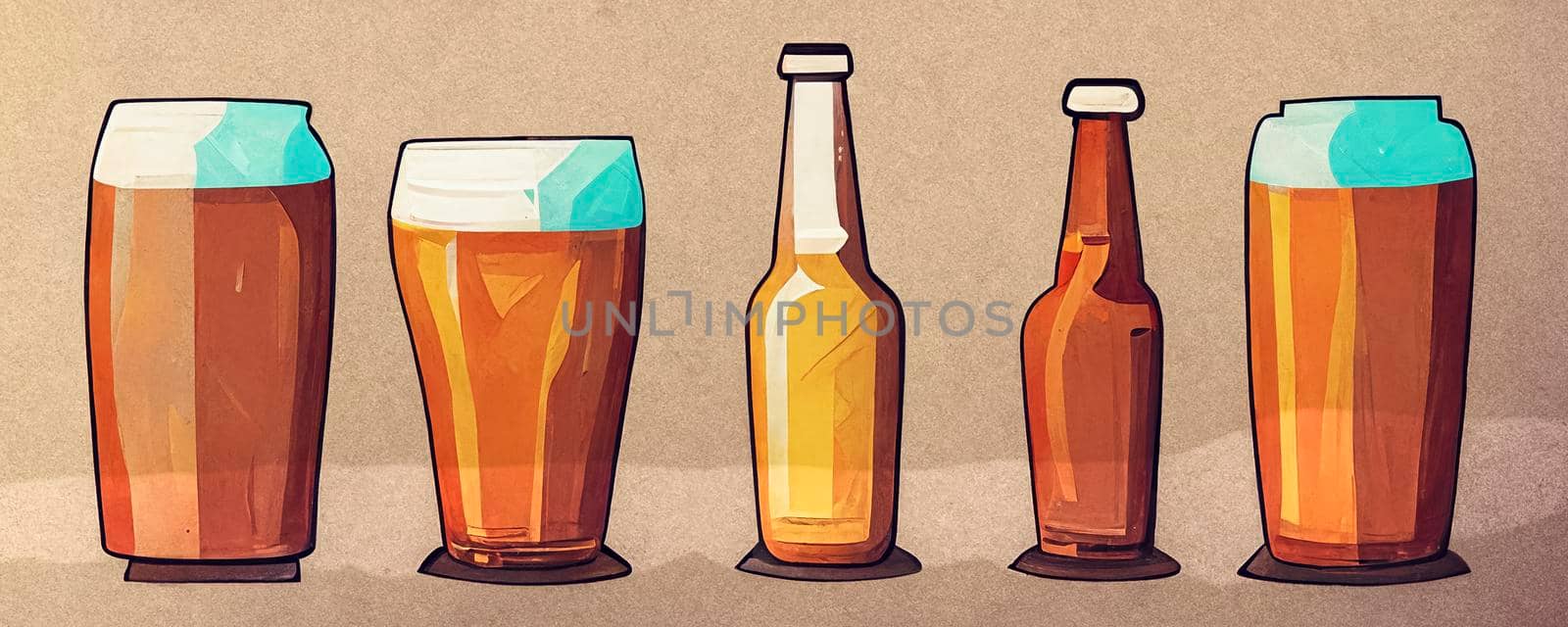 Set of glasses with beer in cartoon style. Illustration of drink