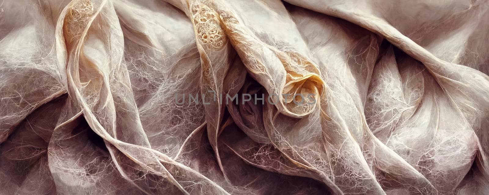 Silk wavy composition. Abstract texture of silk chiffon fabric in champagne color. Silk fabric mockup as artistic layout background