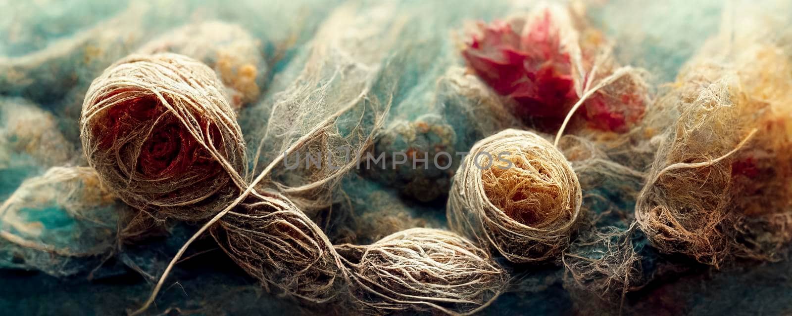 Abstract top-view illustration of the background of multicolored tangled threads, close-up of the colorful stack of thread