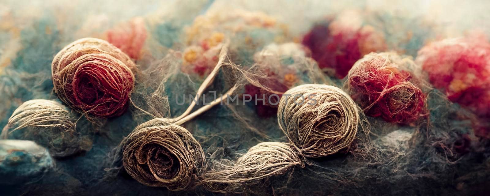Abstract top-view illustration of the background of multicolored tangled threads, close-up of the colorful stack of thread