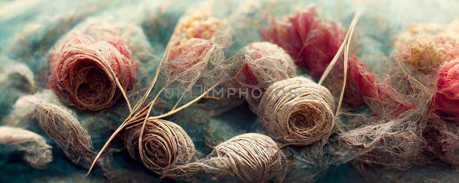 Abstract top-view illustration of the background of multicolored tangled threads, close-up of the colorful stack of thread