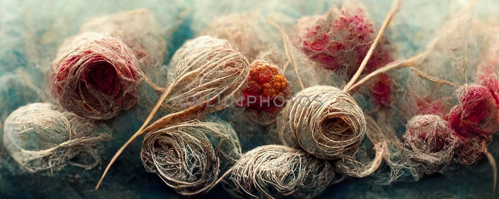 Abstract top-view illustration of the background of multicolored tangled threads, close-up of the colorful stack of thread