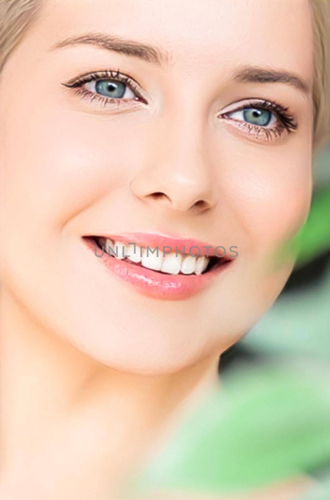 Natural beauty, perfect white teeth and healthy smile, beautiful woman in nature for skincare cosmetics and dental care, close-up portrait