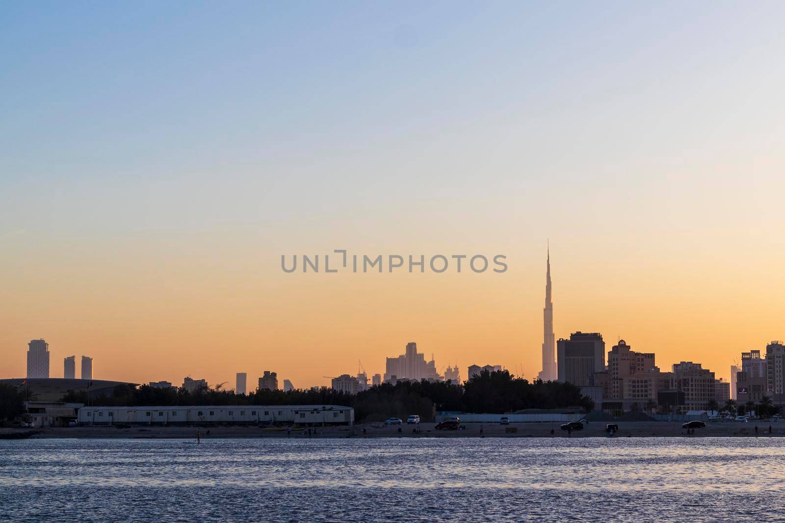 Dubai, UAE - 04.17.2021 Al Jadaf area of Dubai with tallest building in the world Burj Khalifa on the background