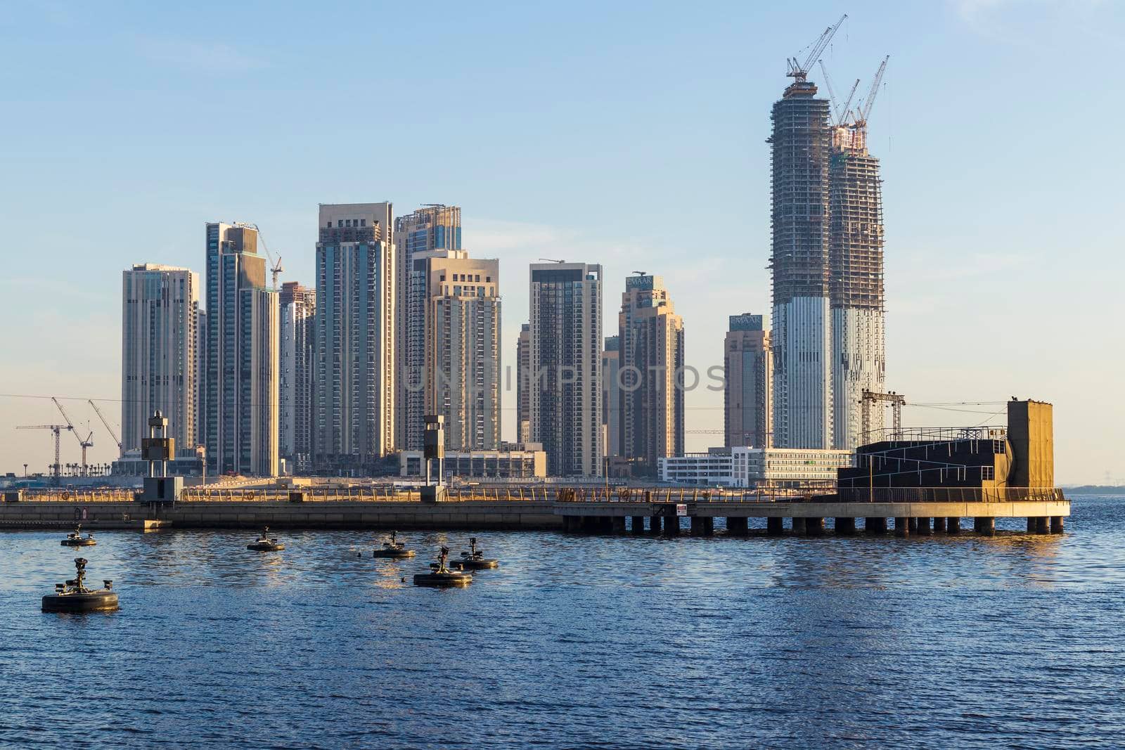 Dubai, UAE - 04.17.2021 Dubai creek harbour development by EMAAR. UAE. Shot made from Dubai Festival city side.
