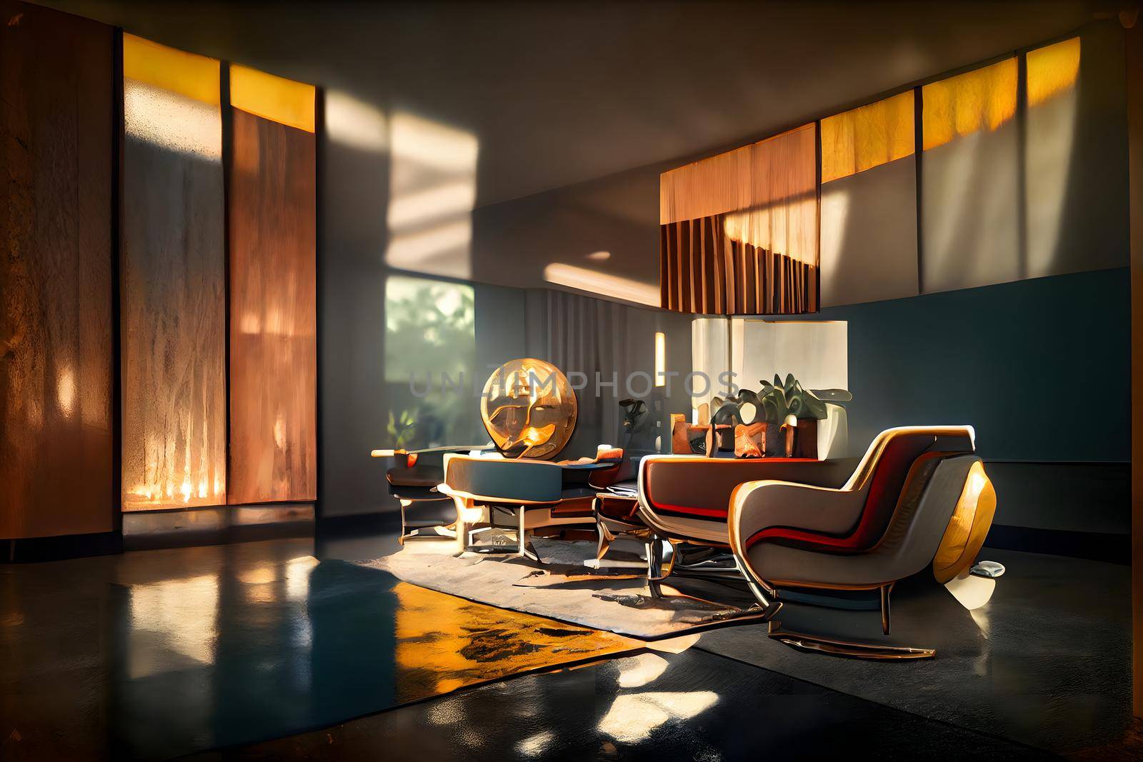 mid century modern style interior, neural network generated art. Digitally generated image. Not based on any actual scene or pattern.