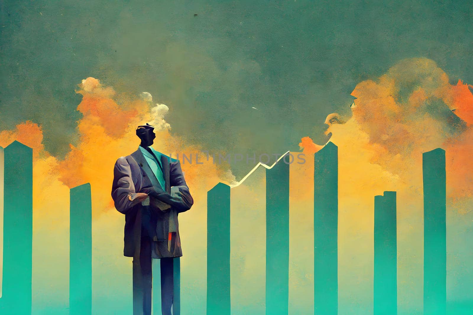 grotesque cartoon business man figure standing in front of bizarre styled charts, neural network generated art. Digitally generated image. Not based on any actual scene or pattern.