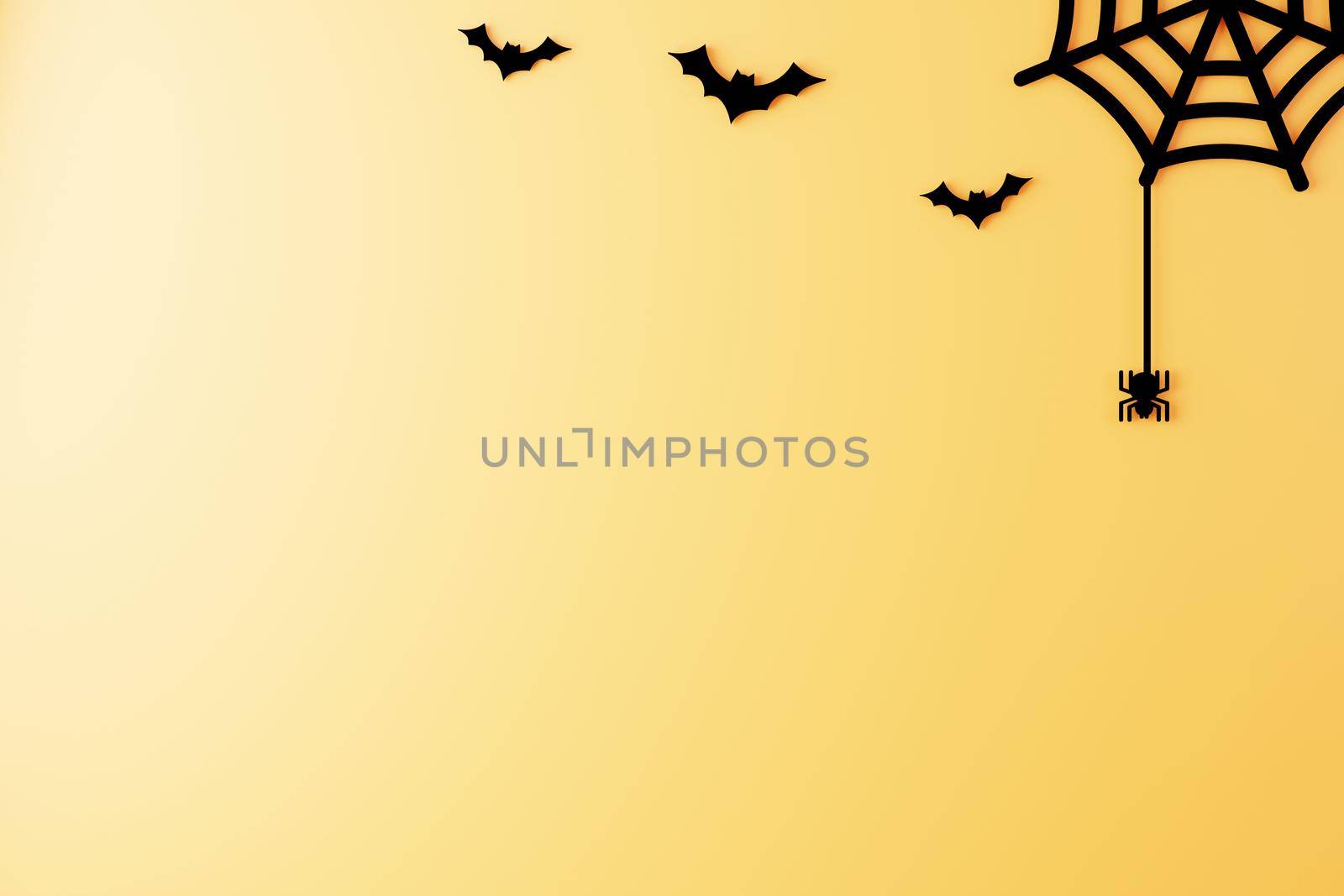 Orange background copyspace with flying bats and spider web for Halloween, 3D rendering, Halloween orange theme with bats and spider web 3D illustration.