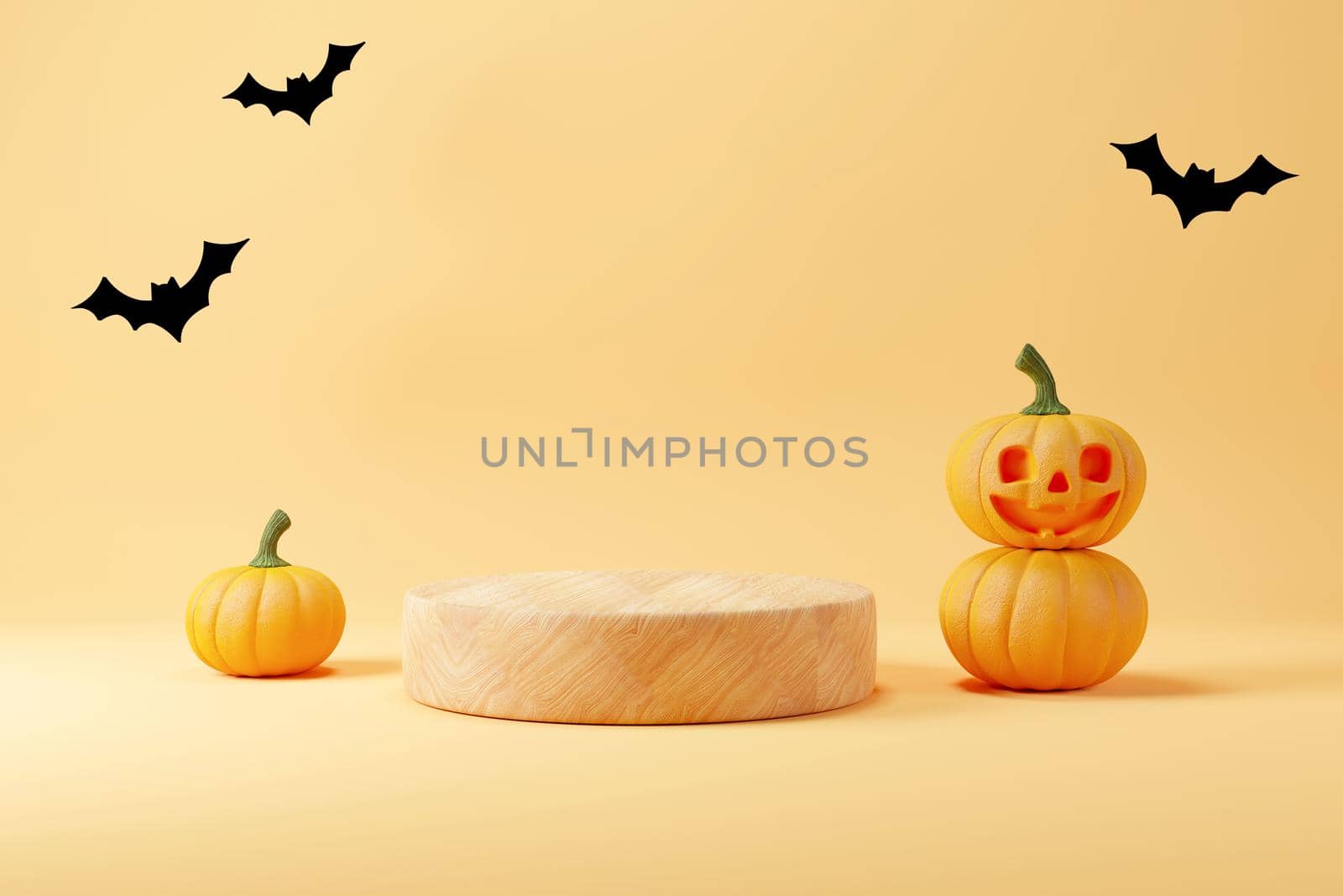 Minimal abstract Halloween background with wooden podium for displaying product, pumpkin podium, and bats, 3D illustration with podium and smiling pumpkins for Halloween, 3D rendering, 3D illustration.