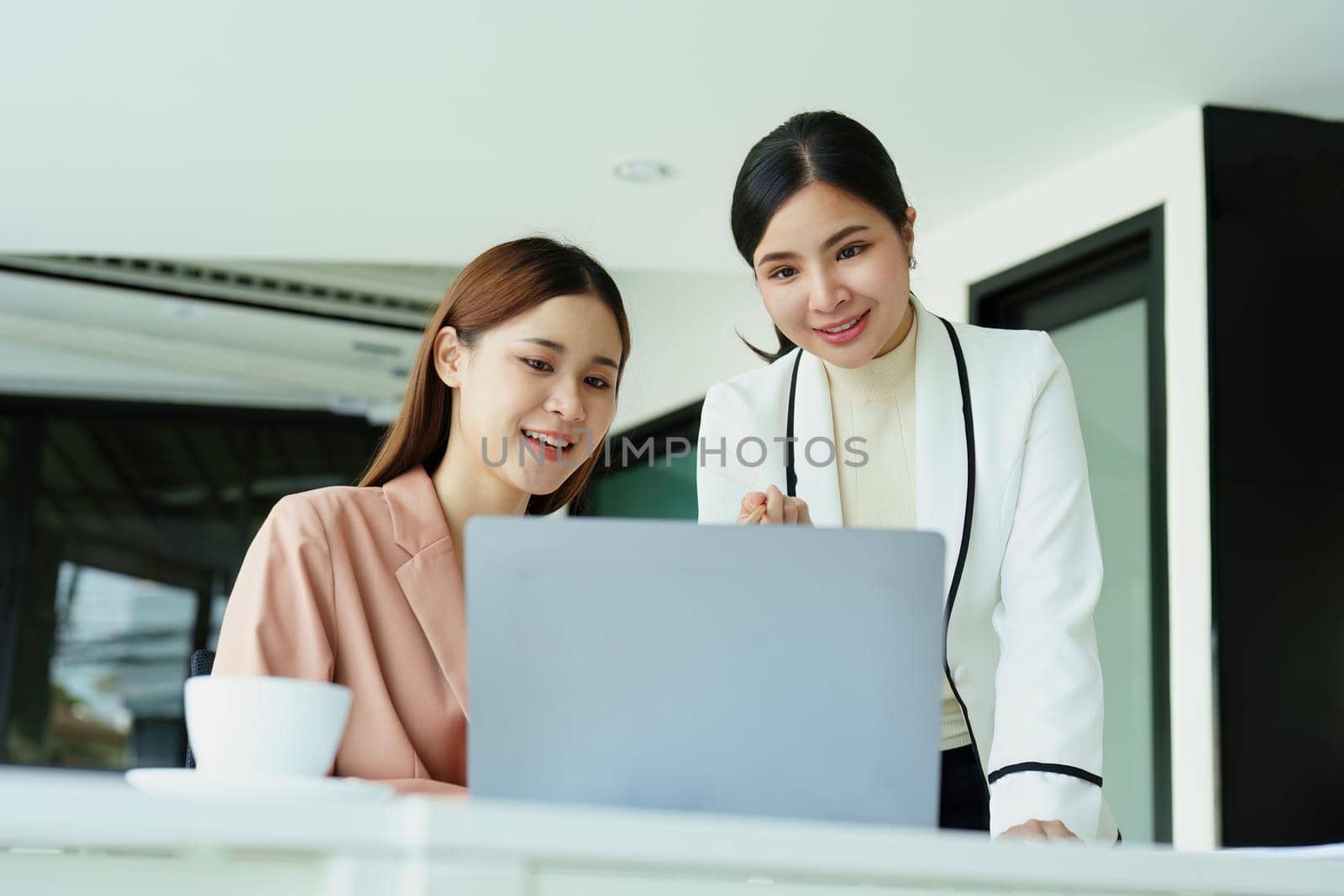 A portrait of two beautiful female employees discussing how they use computers to plan their marketing goals.