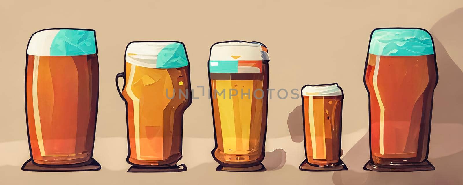 Set of glasses with beer in cartoon style. Illustration of drink