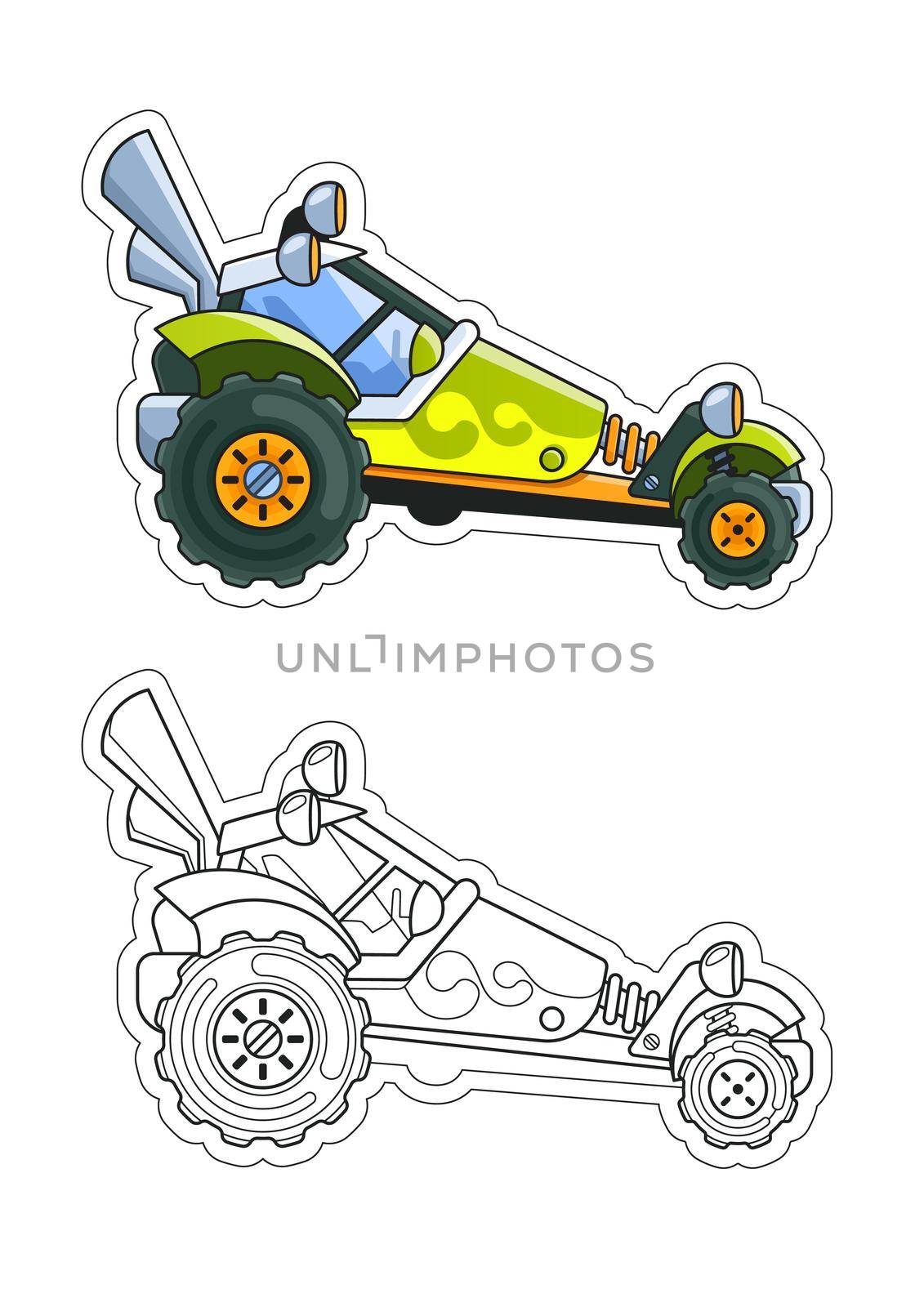 Green Buggy Side View Coloring Book. Colored Version and Line Art.