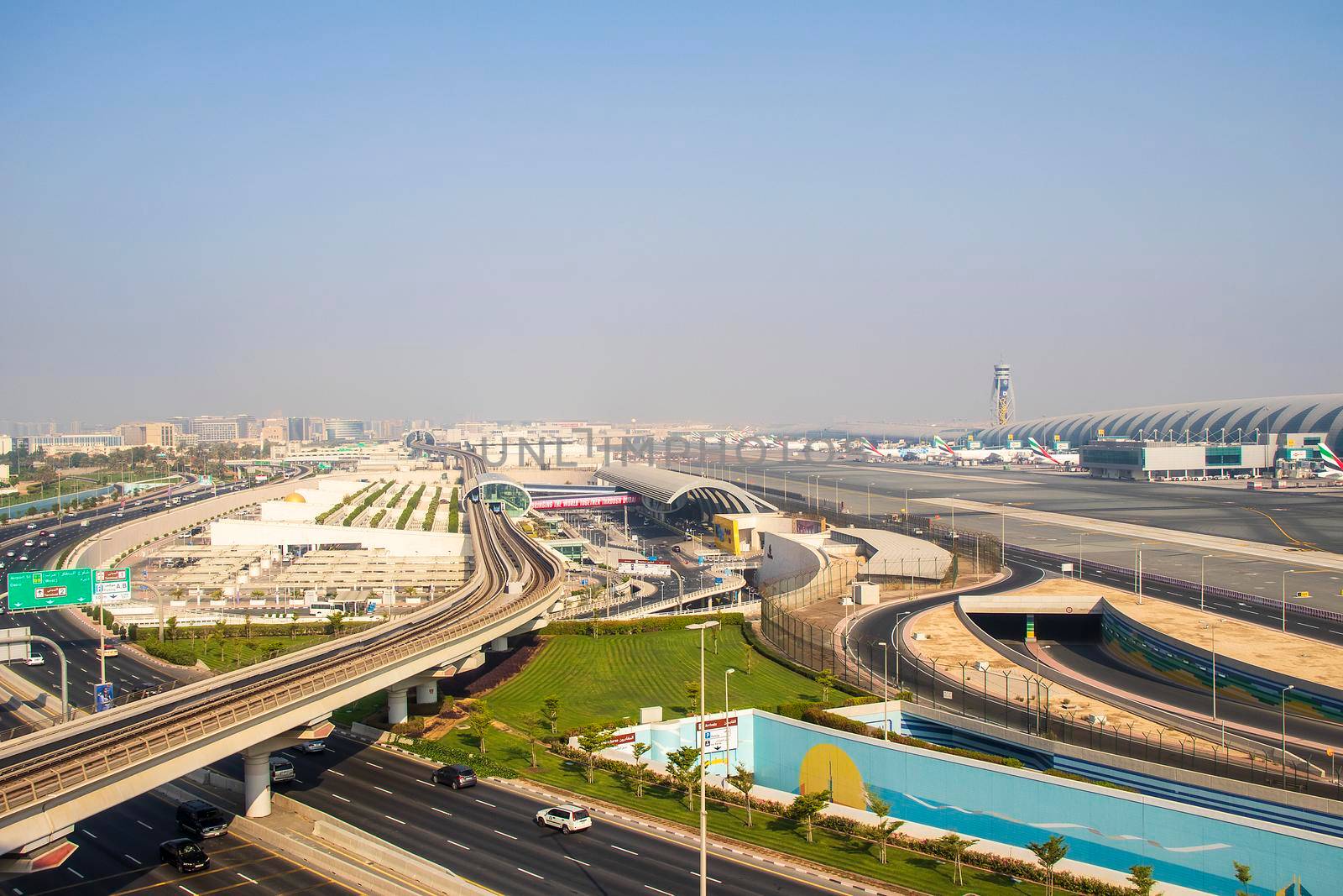 View of a Dubai international Airport, terminal 3. Terminal 3 metro station. Airport road. UAE.Outdoors