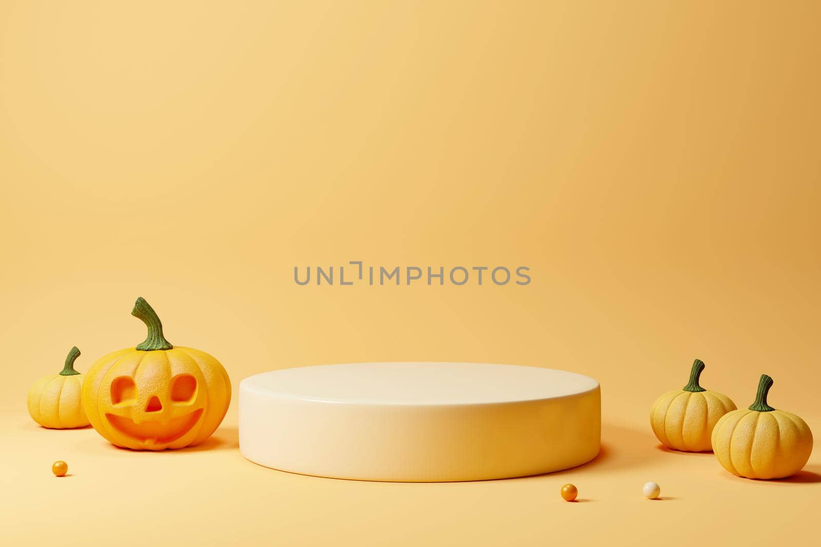Minimal abstract Halloween background with podium for displaying product and pumpkin podium, 3D illustration with podium and pumpkins for Halloween, 3D rendering, stand to show product, 3D illustration.