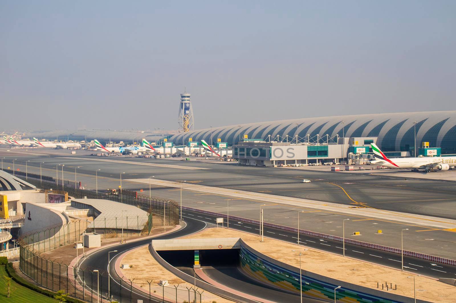 View of a Dubai international Airport, terminal 3. Airport road. UAE. Outdoors