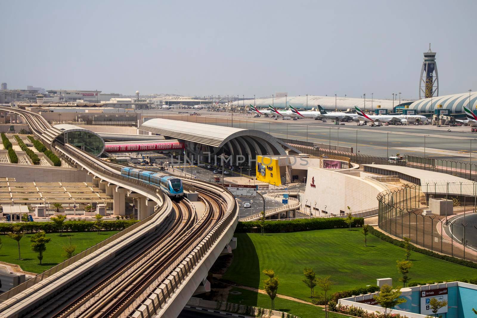 View of a Dubai international Airport, terminal 3. Terminal 3 metro station. Airport road. UAE. Outdoor