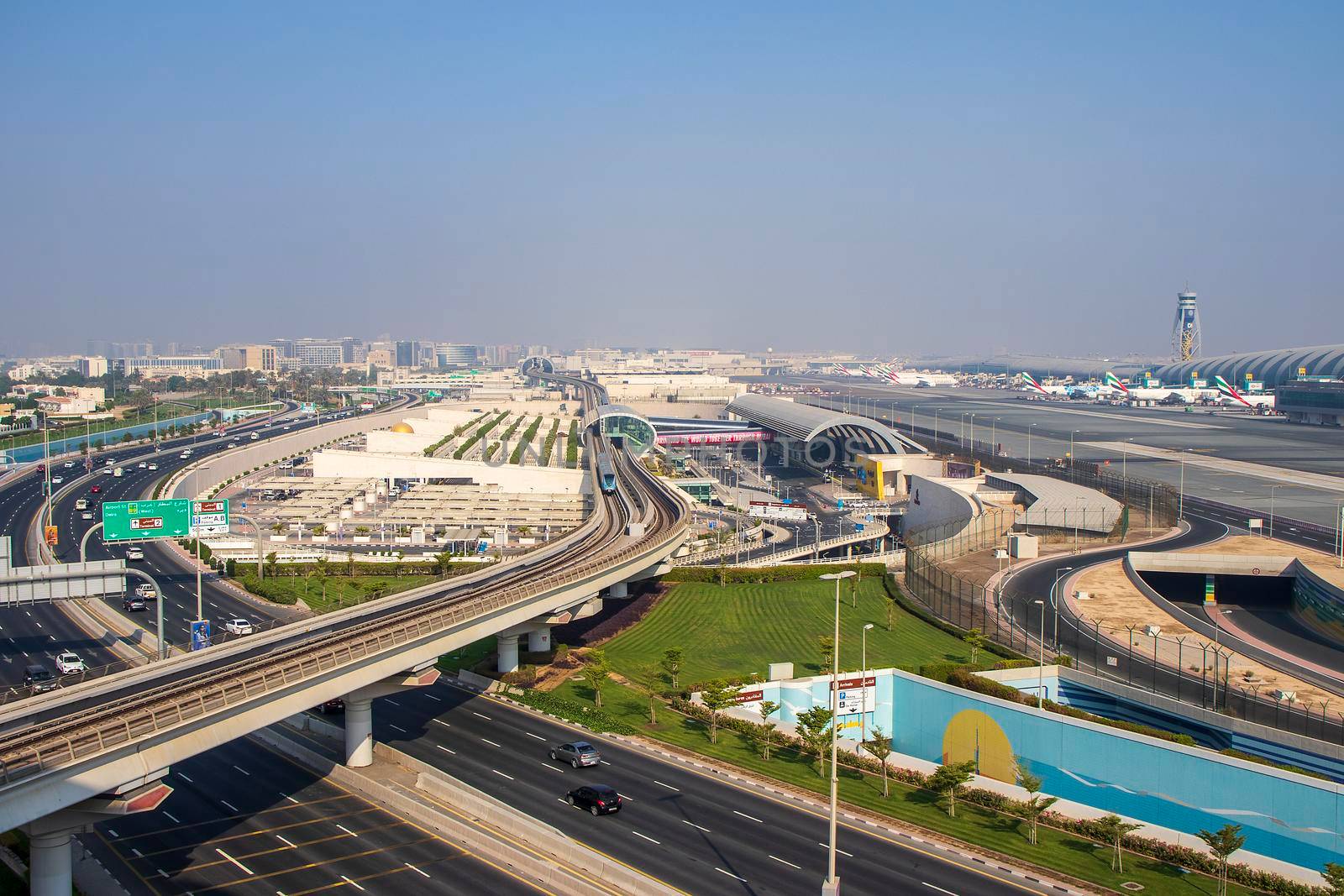 View of a Dubai international Airport, terminal 3. Terminal 3 metro station. Airport road. UAE. Outdoors
