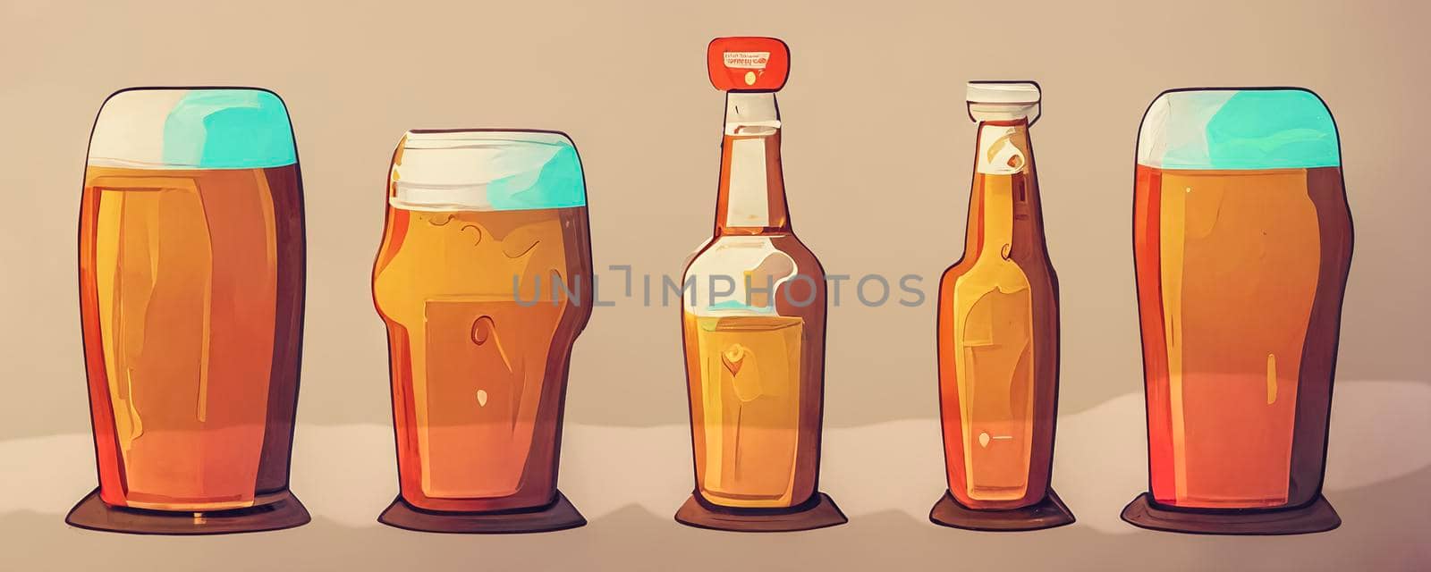 Set of glasses with beer in cartoon style. Illustration of drink