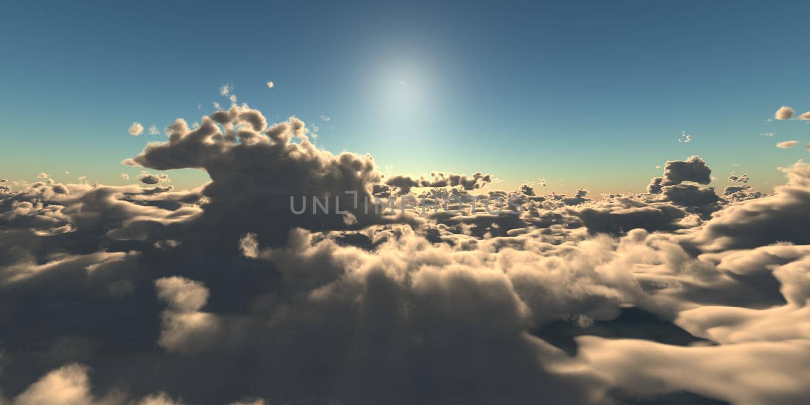 fly above clouds sunset landscape, 3d render illustration